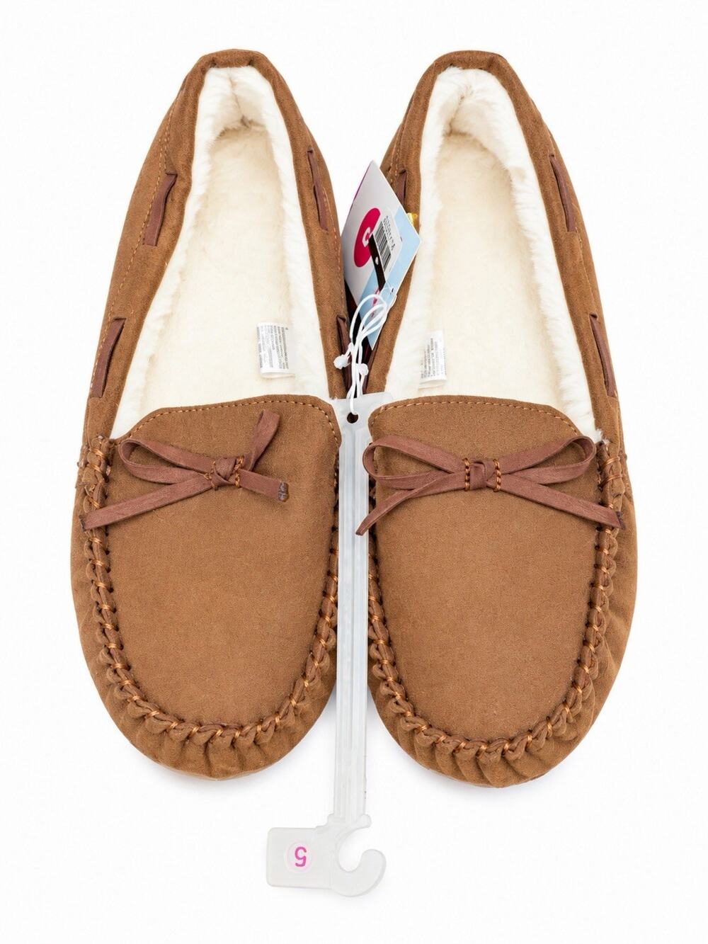Cat & Jack Girls Moccasin Slippers Size 5 Brown Faux Fur Lined Bow NWT